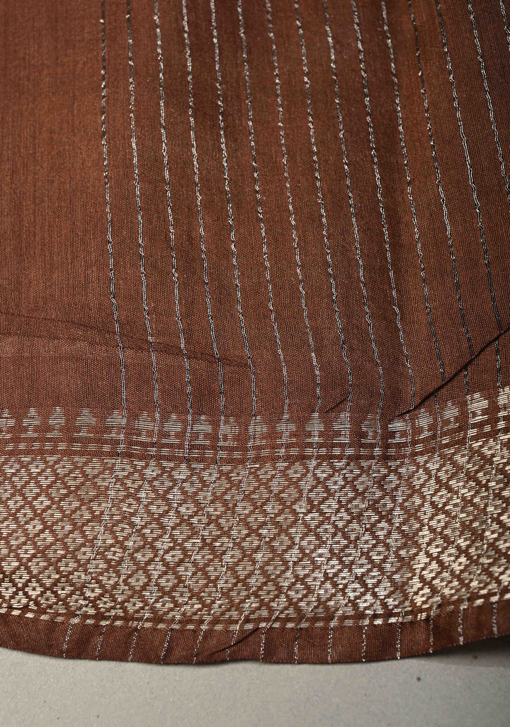Coffee Brown Semi Tussar Saree with Thread Buttas and Silver Zari Border | SHOBITAM