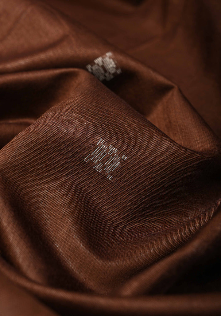 Coffee Brown Semi Tussar Saree with Thread Buttas and Silver Zari Border | SHOBITAM