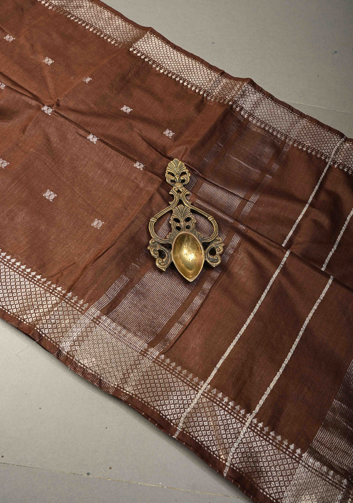 Coffee Brown Semi Tussar Saree with Thread Buttas and Silver Zari Border | SHOBITAM