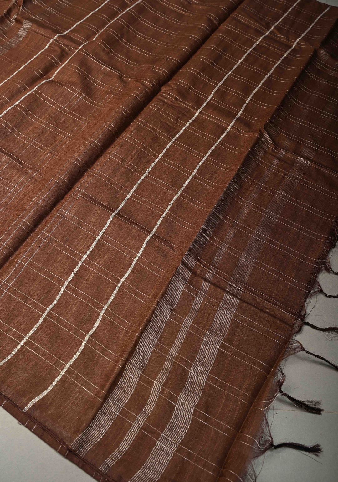 Coffee Brown Borderless Semi Tussar Saree with Zari Buttas and Zari Checks | SHOBITAM