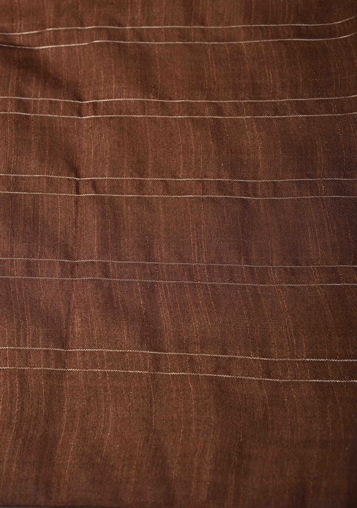 Coffee Brown Borderless Semi Tussar Saree with Zari Buttas and Zari Checks | SHOBITAM