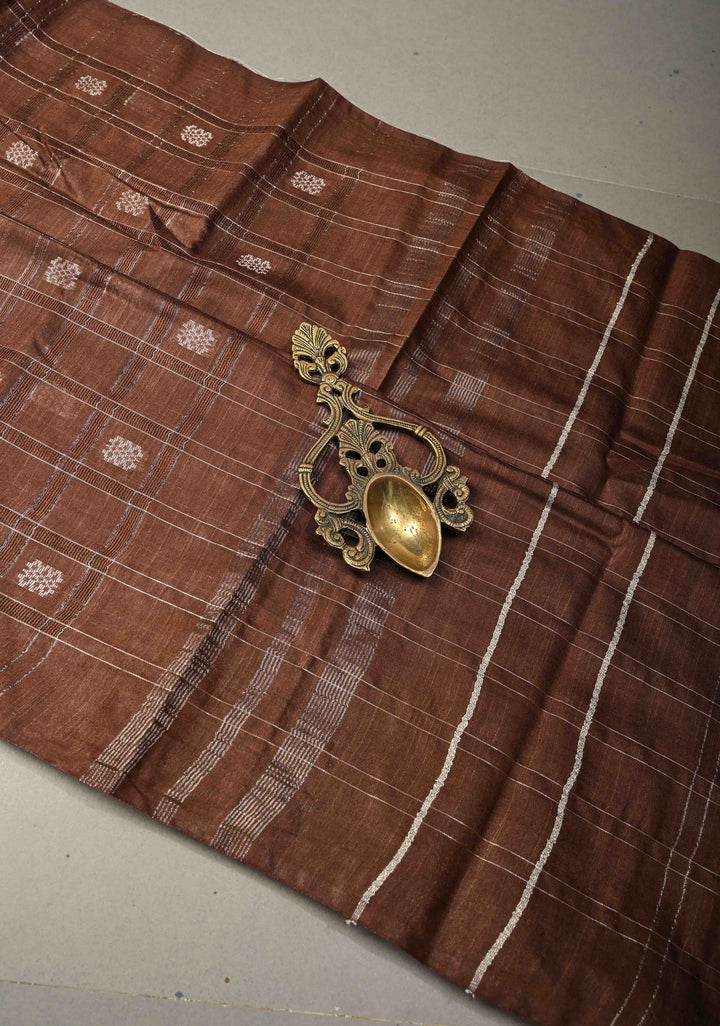Coffee Brown Borderless Semi Tussar Saree with Zari Buttas and Zari Checks | SHOBITAM
