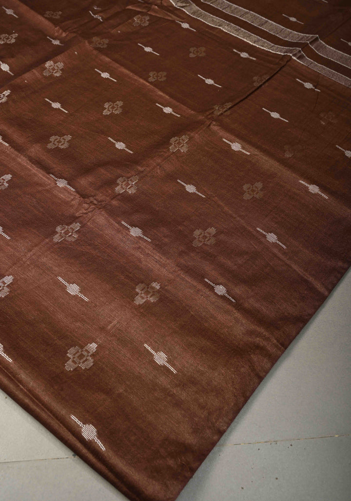 Chocolate Brown Borderless Semi Tussar Saree with Thread and Muted Zari Buttas | SHOBITAM