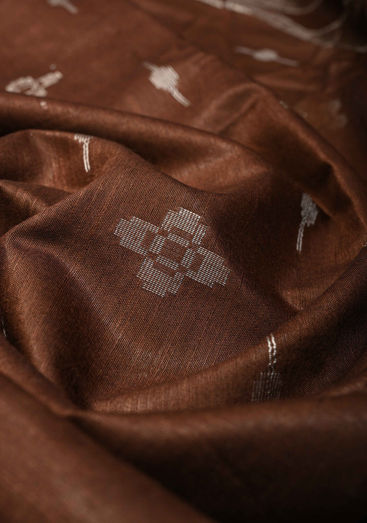 Chocolate Brown Borderless Semi Tussar Saree with Thread and Muted Zari Buttas | SHOBITAM