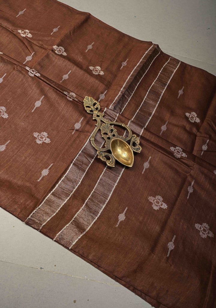 Chocolate Brown Borderless Semi Tussar Saree with Thread and Muted Zari Buttas | SHOBITAM