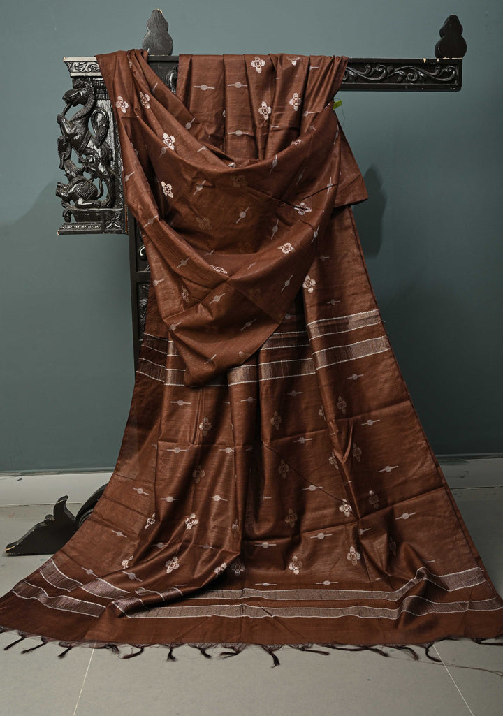 Chocolate Brown Borderless Semi Tussar Saree with Thread and Muted Zari Buttas | SHOBITAM