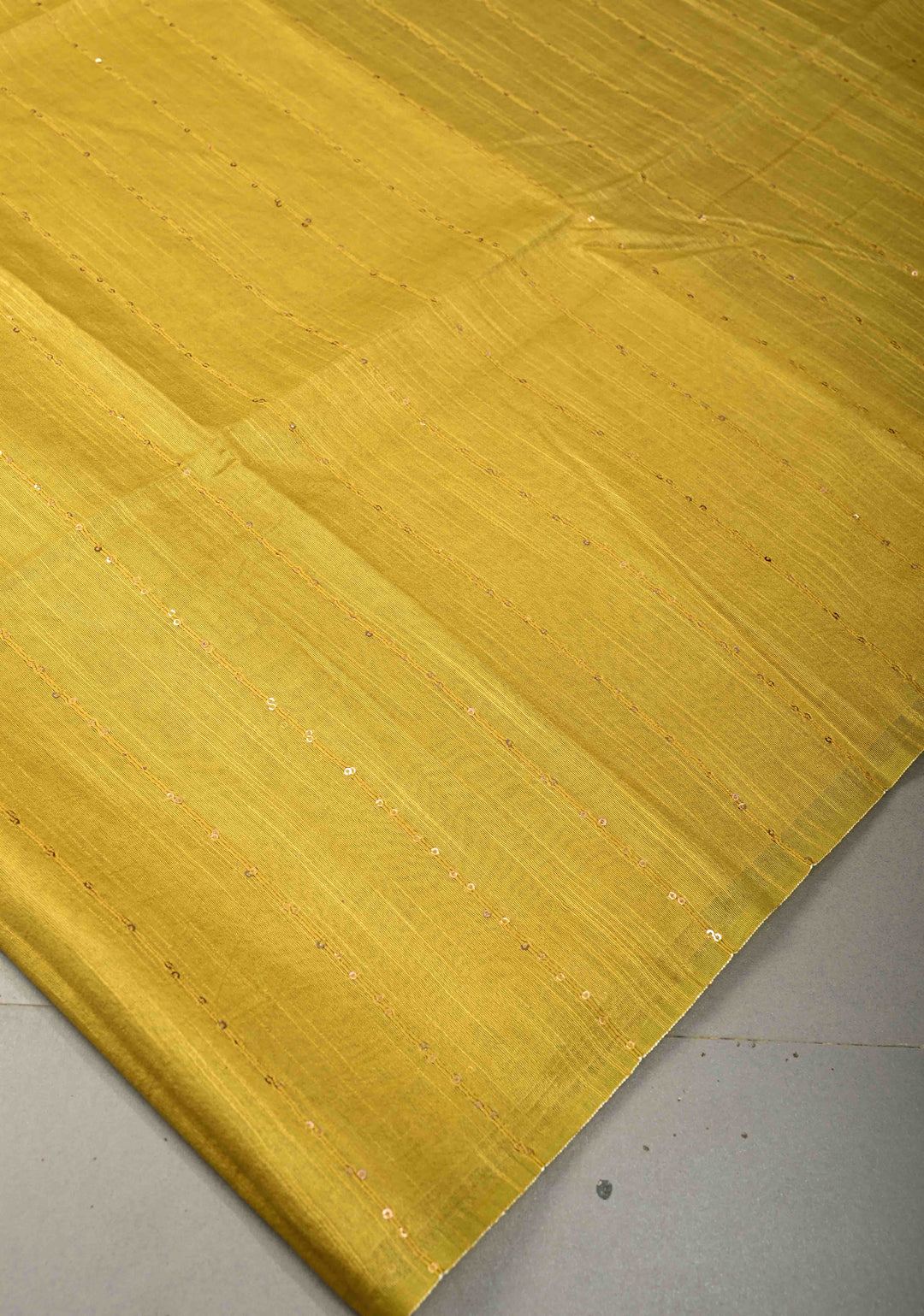 Mustard Yellow Borderless Semi Tussar Saree with Sequins Horizontal Stripes and Contrast Pallu | SHOBITAM