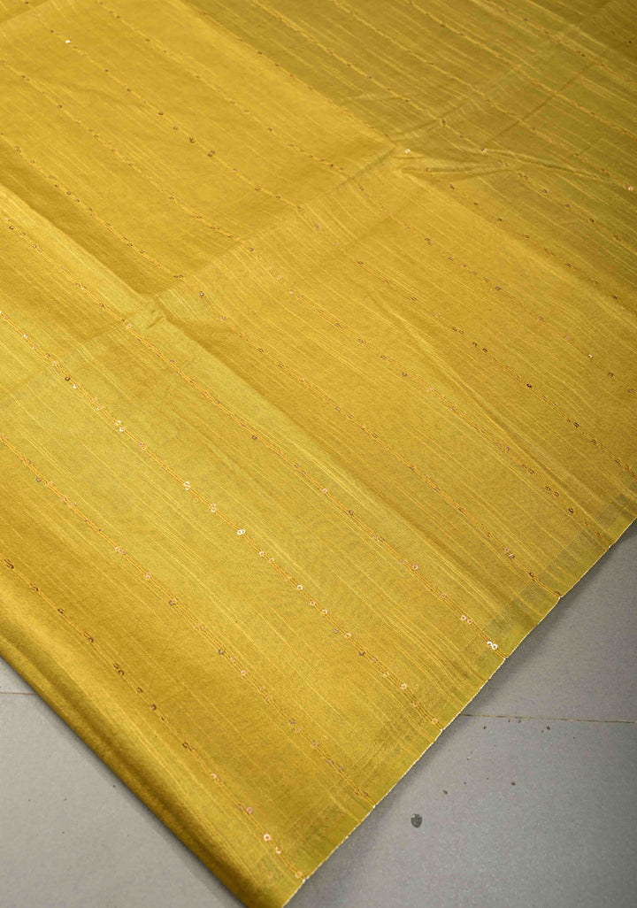 Mustard Yellow Borderless Semi Tussar Saree with Sequins Horizontal Stripes and Contrast Pallu | SHOBITAM