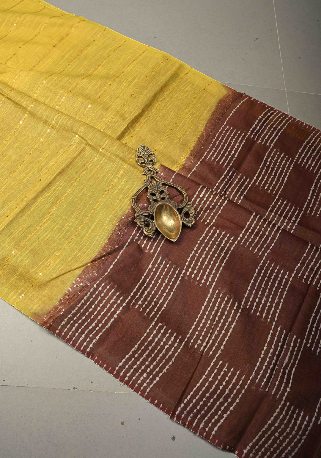 Mustard Yellow Borderless Semi Tussar Saree with Sequins Horizontal Stripes and Contrast Pallu | SHOBITAM