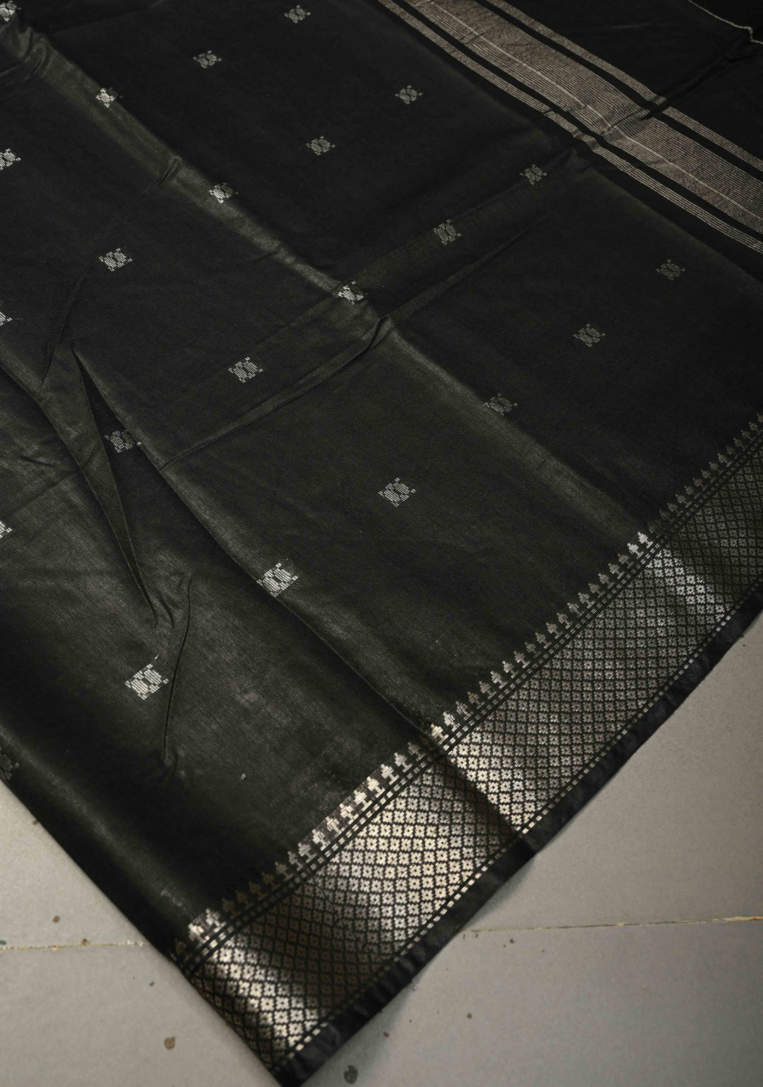 Black Semi Tussar Saree with Thread Buttas and Silver Zari Border | SHOBITAM
