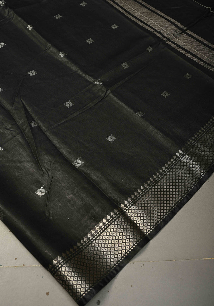 Black Semi Tussar Saree with Thread Buttas and Silver Zari Border | SHOBITAM