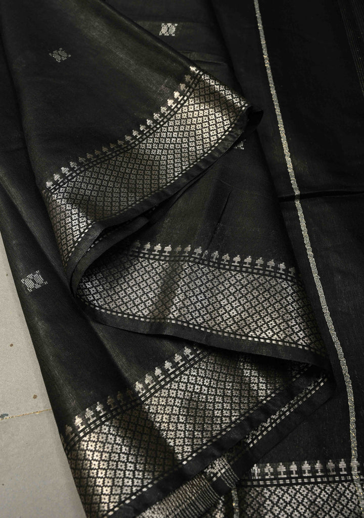 Black Semi Tussar Saree with Thread Buttas and Silver Zari Border | SHOBITAM