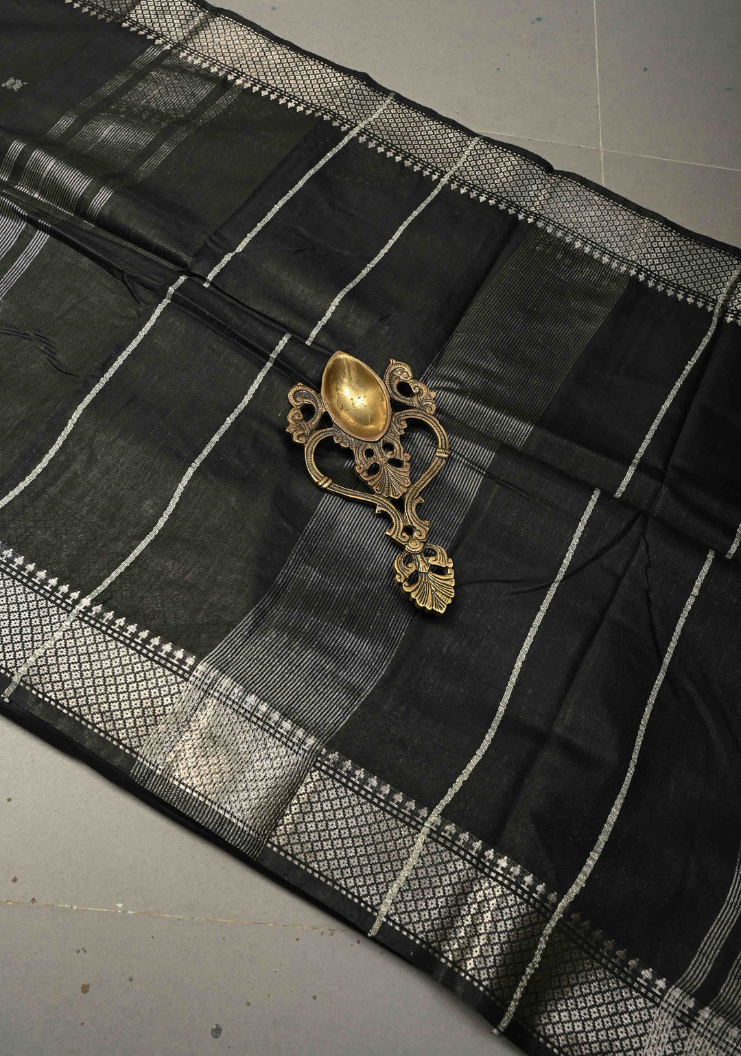 Black Semi Tussar Saree with Thread Buttas and Silver Zari Border | SHOBITAM