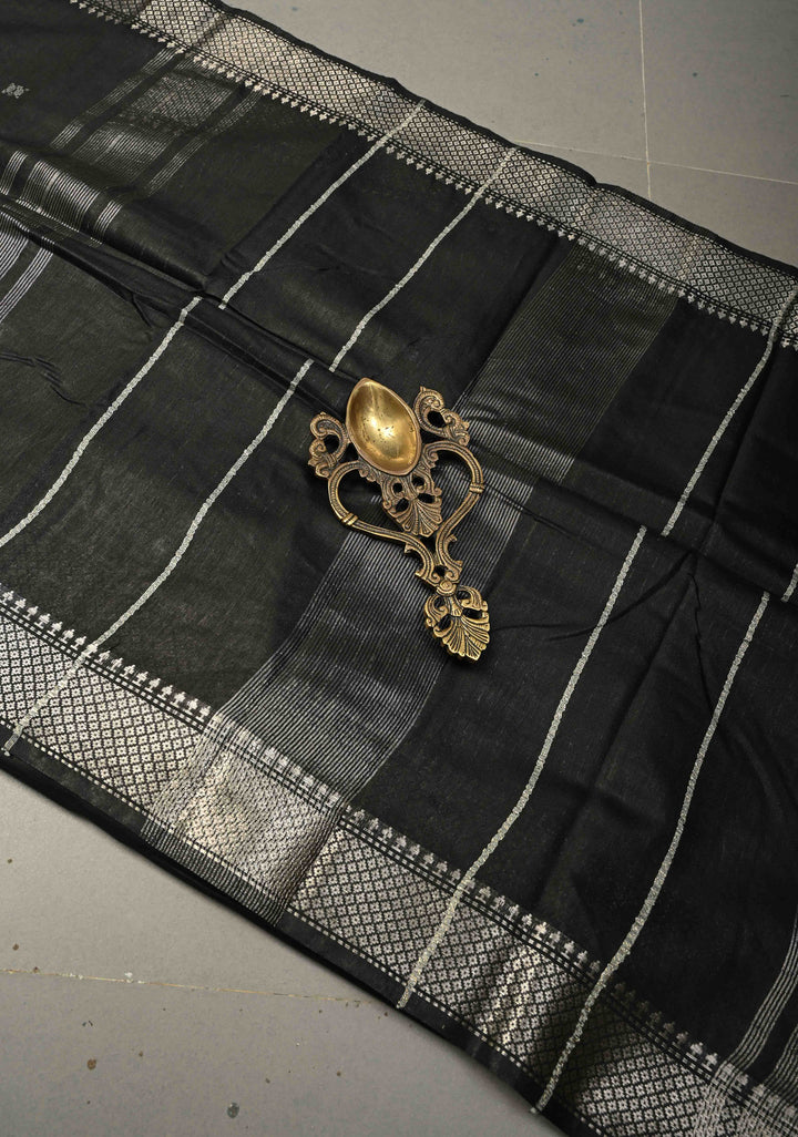 Black Semi Tussar Saree with Thread Buttas and Silver Zari Border | SHOBITAM