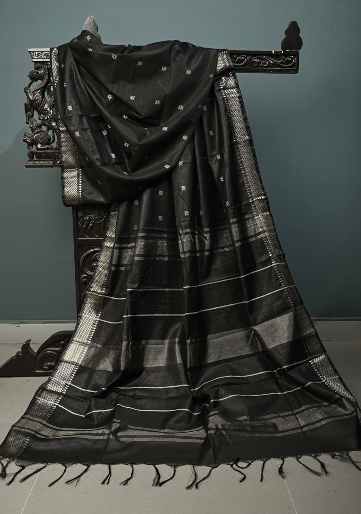 Black Semi Tussar Saree with Thread Buttas and Silver Zari Border | SHOBITAM