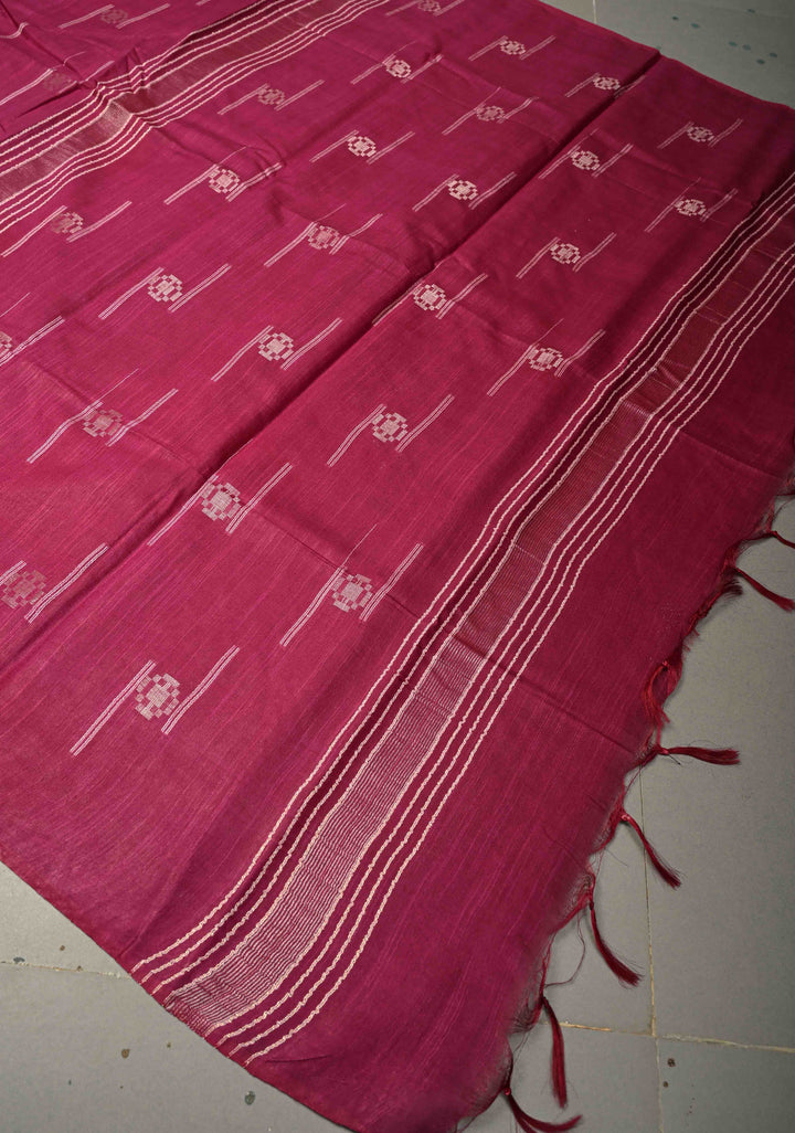 Magenta Borderless Semi Tussar Saree with Thread Stripes and Zari Buttas
