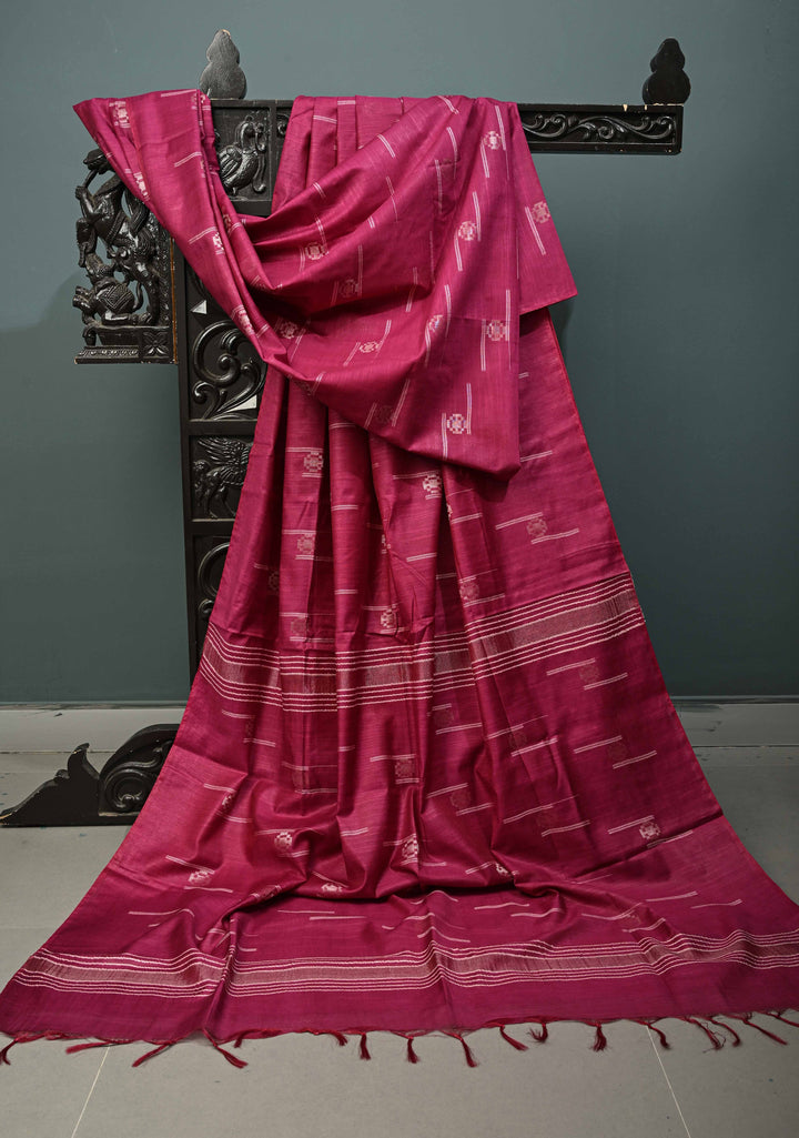 Magenta Borderless Semi Tussar Saree with Thread Stripes and Zari Buttas