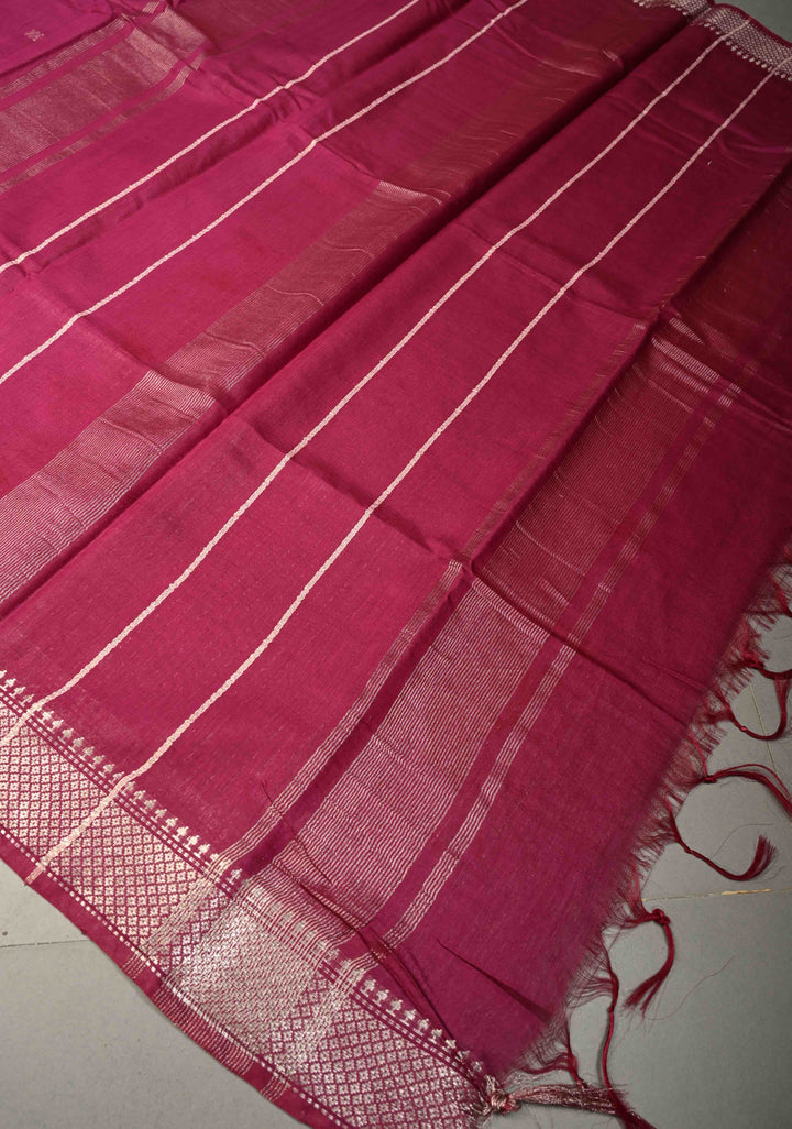 Magenta Semi Tussar Saree with Thread Buttas and Silver Zari Border