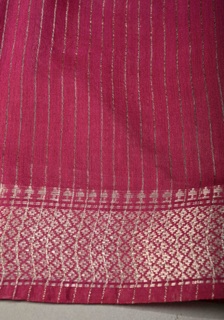 Magenta Semi Tussar Saree with Thread Buttas and Silver Zari Border