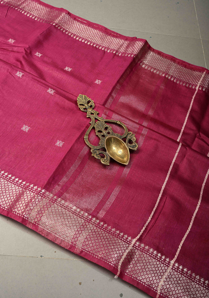 Magenta Semi Tussar Saree with Thread Buttas and Silver Zari Border