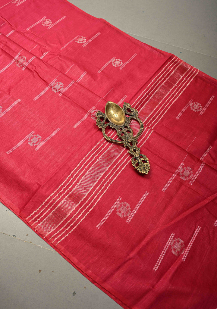 Hot Pink Borderless Semi Tussar Saree with Thread and Zari Buttas | SHOBITAM