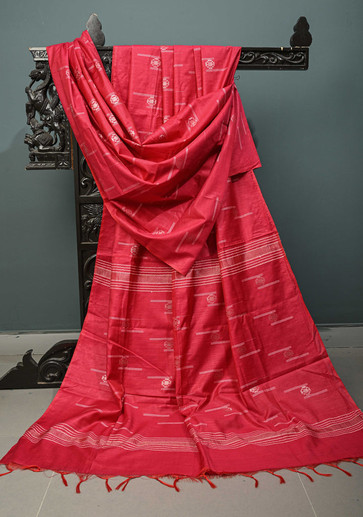 Hot Pink Borderless Semi Tussar Saree with Thread and Zari Buttas | SHOBITAM