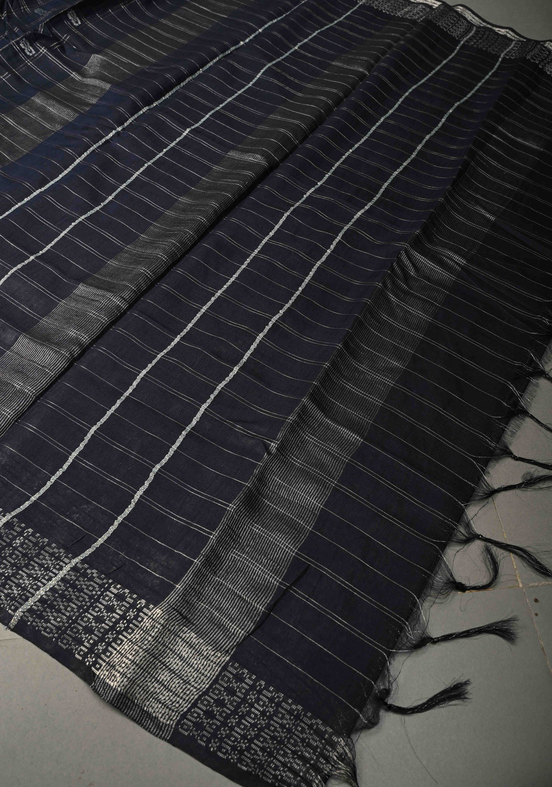 Midnight Blue Zari Checks on Semi Tussar Saree with Zari Buttas and Zari Border | SHOBITAM