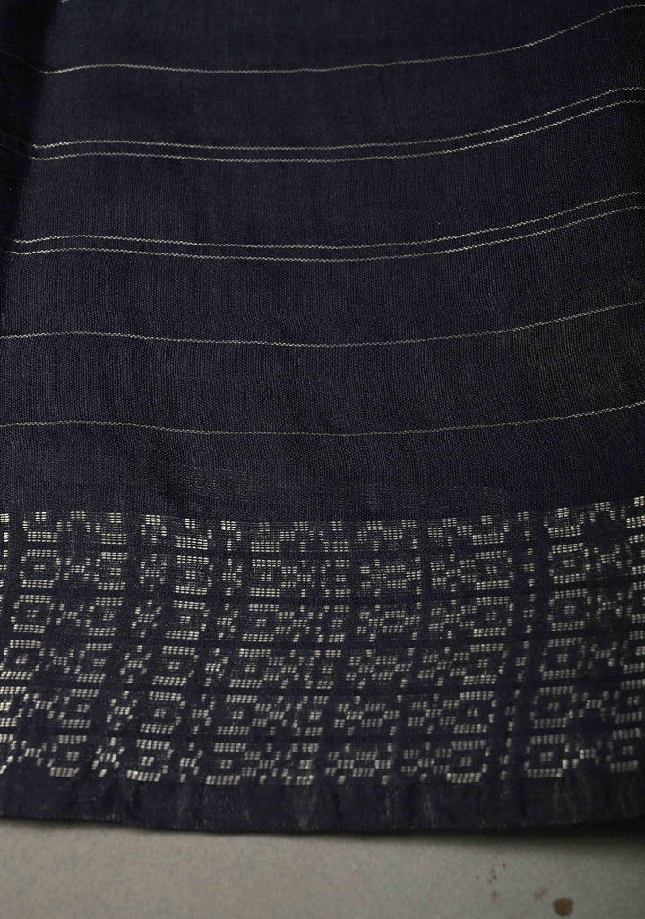 Midnight Blue Zari Checks on Semi Tussar Saree with Zari Buttas and Zari Border | SHOBITAM