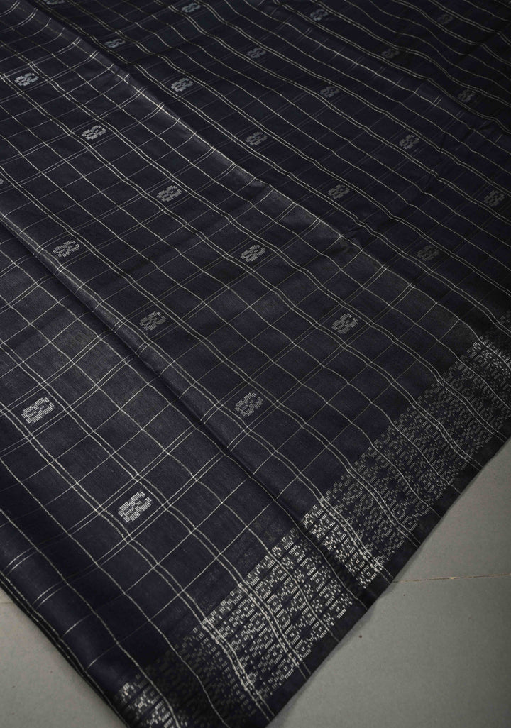 Midnight Blue Zari Checks on Semi Tussar Saree with Zari Buttas and Zari Border | SHOBITAM