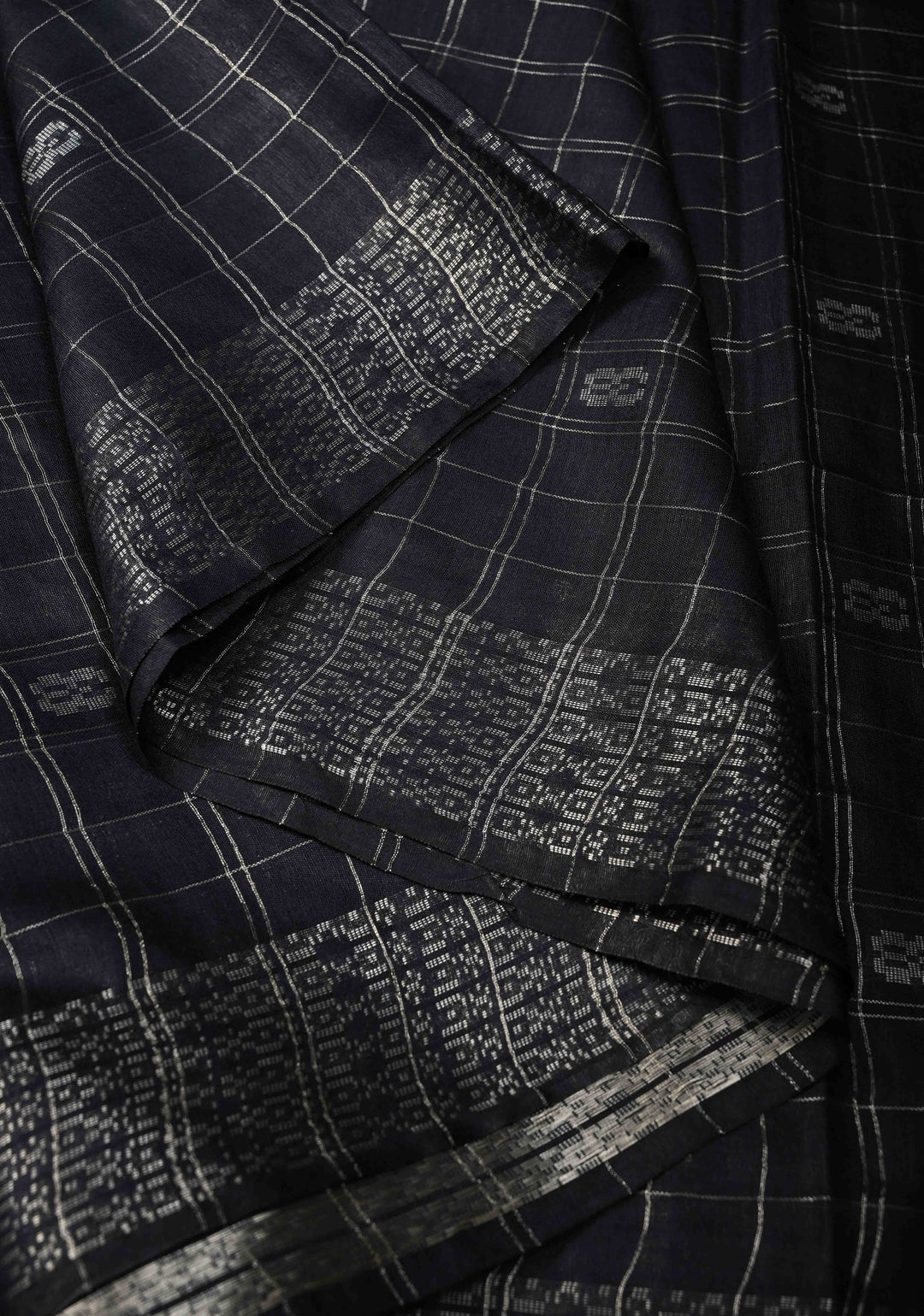 Midnight Blue Zari Checks on Semi Tussar Saree with Zari Buttas and Zari Border | SHOBITAM