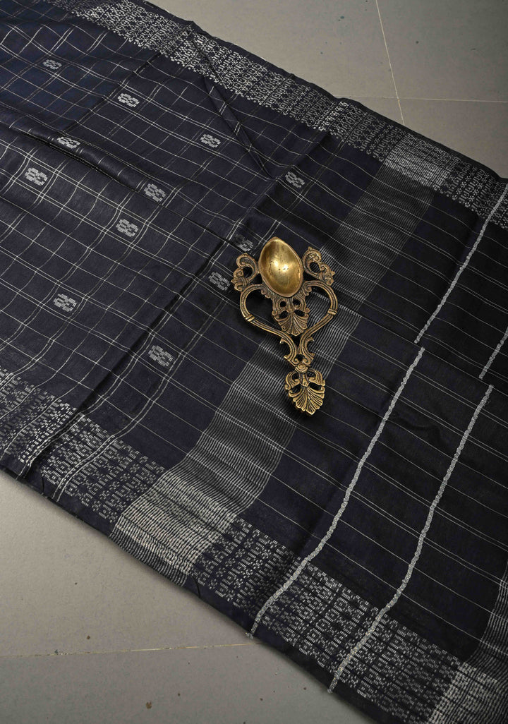 Midnight Blue Zari Checks on Semi Tussar Saree with Zari Buttas and Zari Border | SHOBITAM