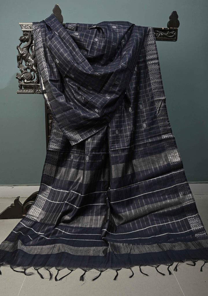 Midnight Blue Zari Checks on Semi Tussar Saree with Zari Buttas and Zari Border | SHOBITAM