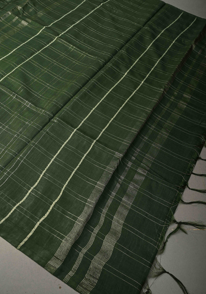 Forest Green Borderless Semi Tussar Saree with Zari Checks and Zari Buttas | SHOBITAM