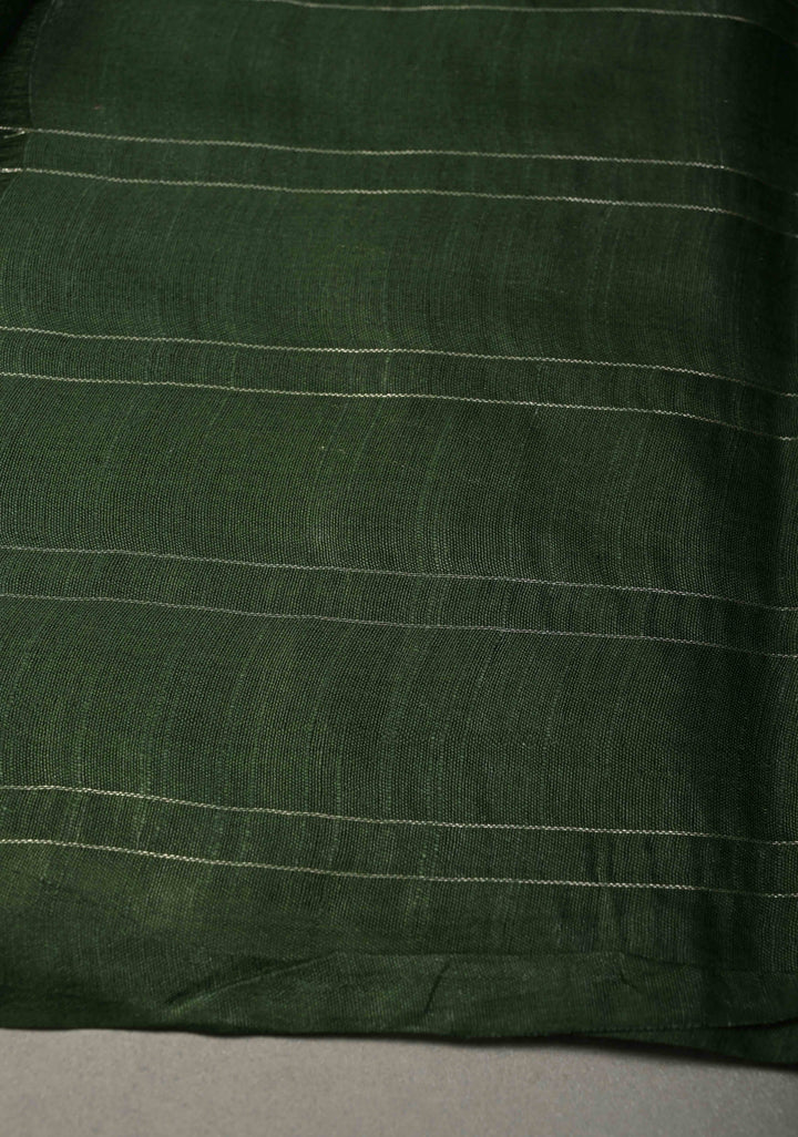Forest Green Borderless Semi Tussar Saree with Zari Checks and Zari Buttas | SHOBITAM