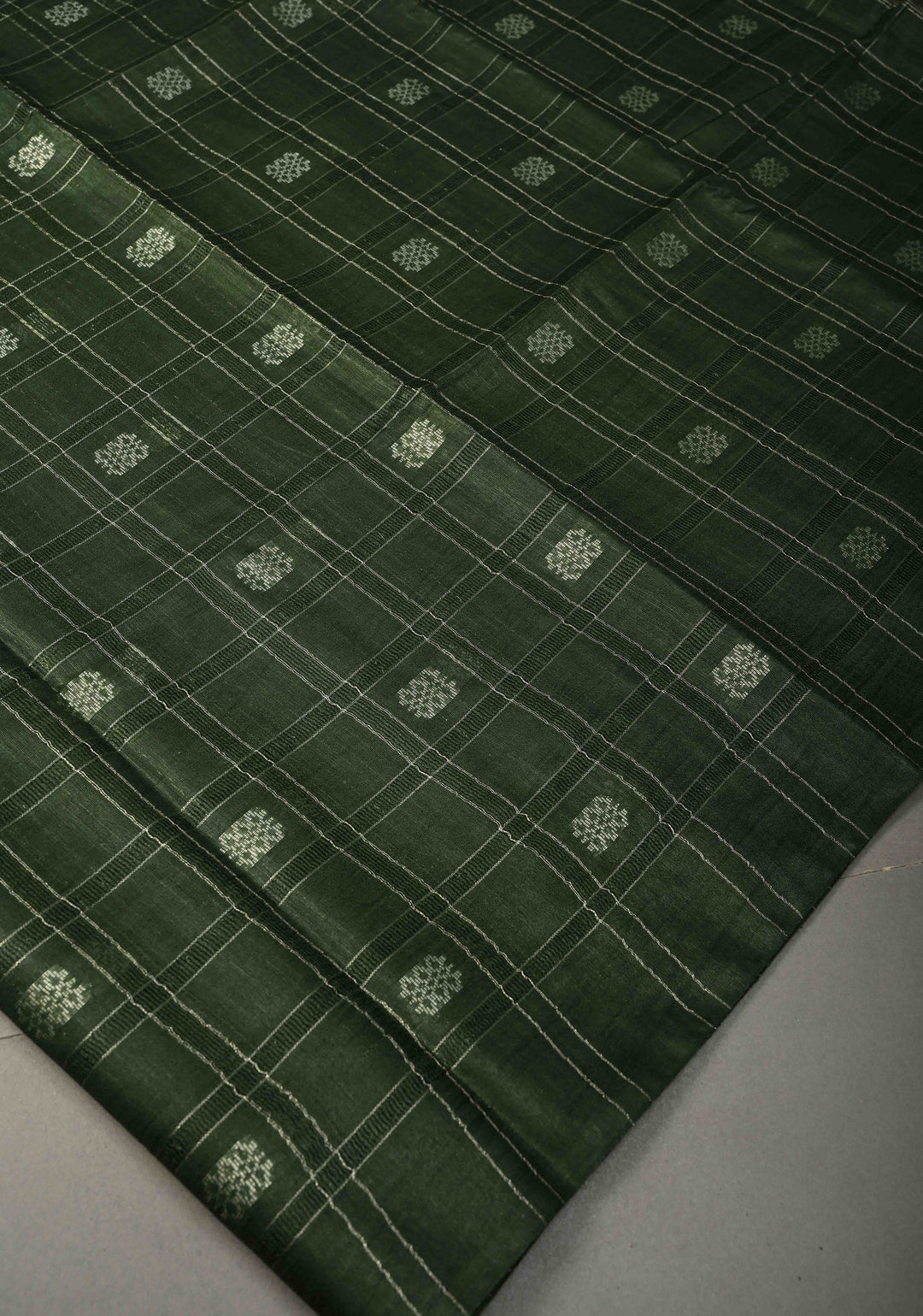 Forest Green Borderless Semi Tussar Saree with Zari Checks and Zari Buttas | SHOBITAM