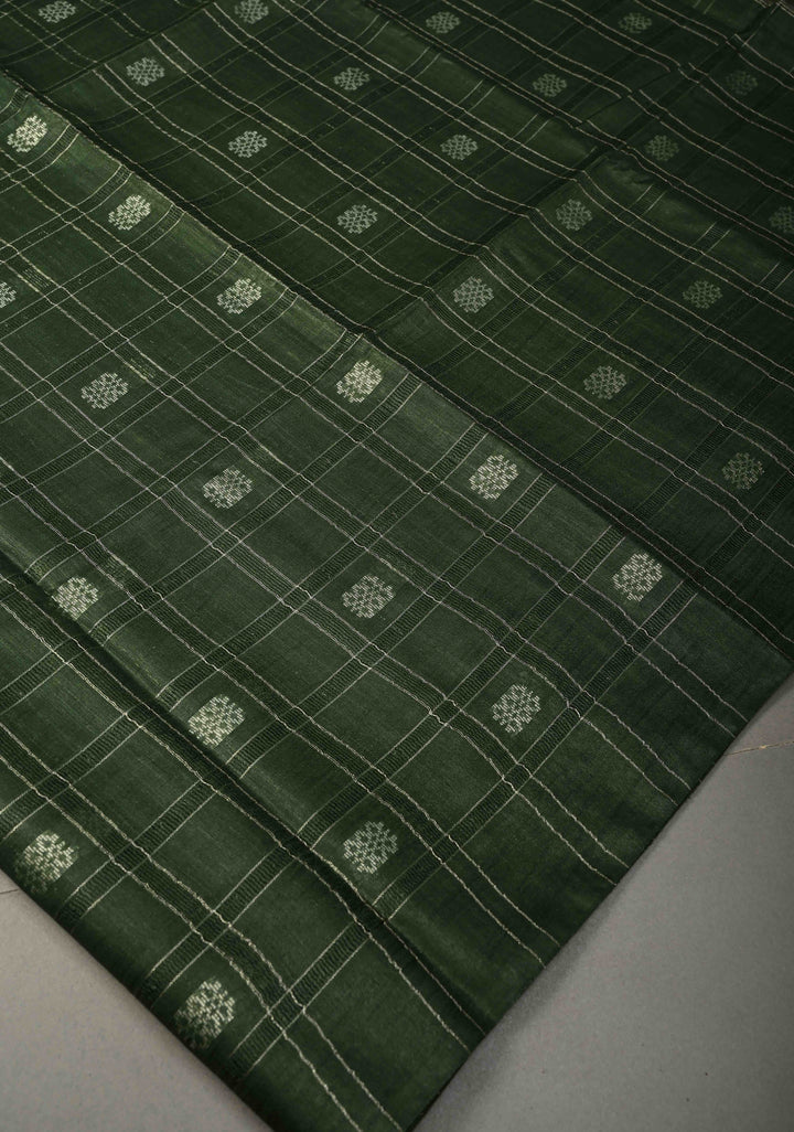 Forest Green Borderless Semi Tussar Saree with Zari Checks and Zari Buttas | SHOBITAM