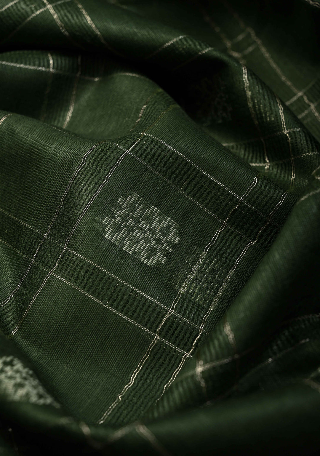 Forest Green Borderless Semi Tussar Saree with Zari Checks and Zari Buttas | SHOBITAM