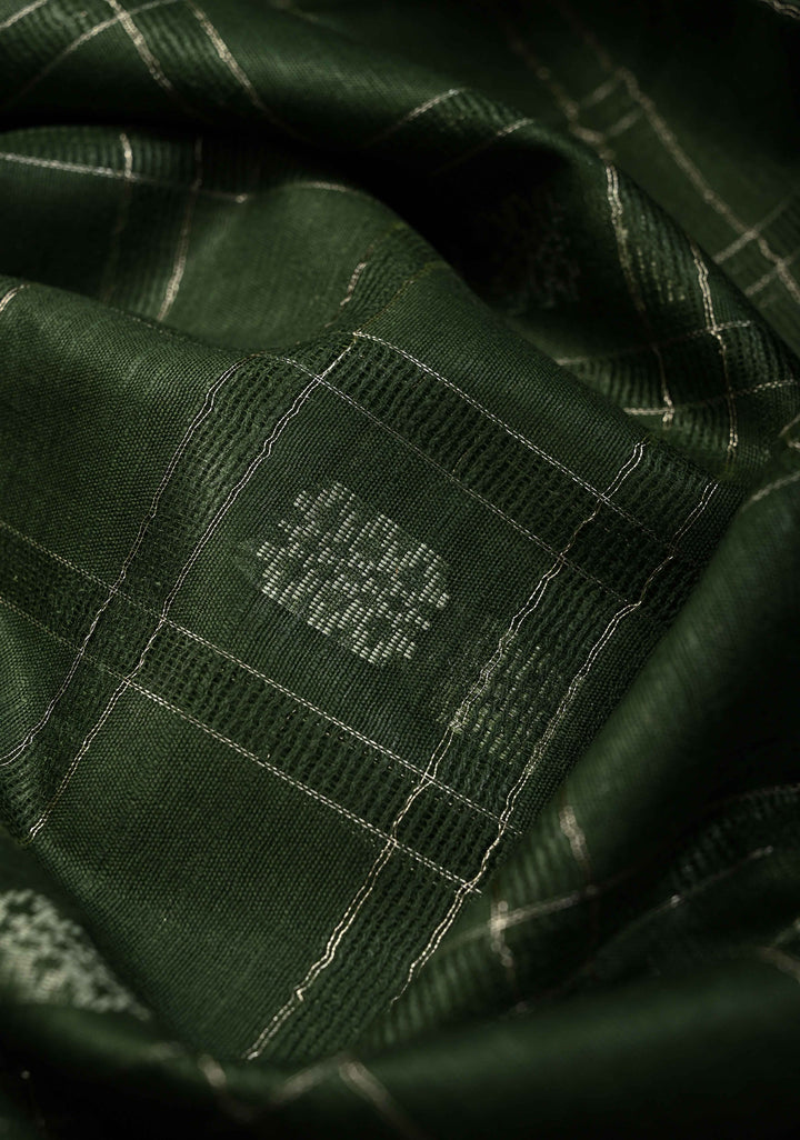 Forest Green Borderless Semi Tussar Saree with Zari Checks and Zari Buttas | SHOBITAM