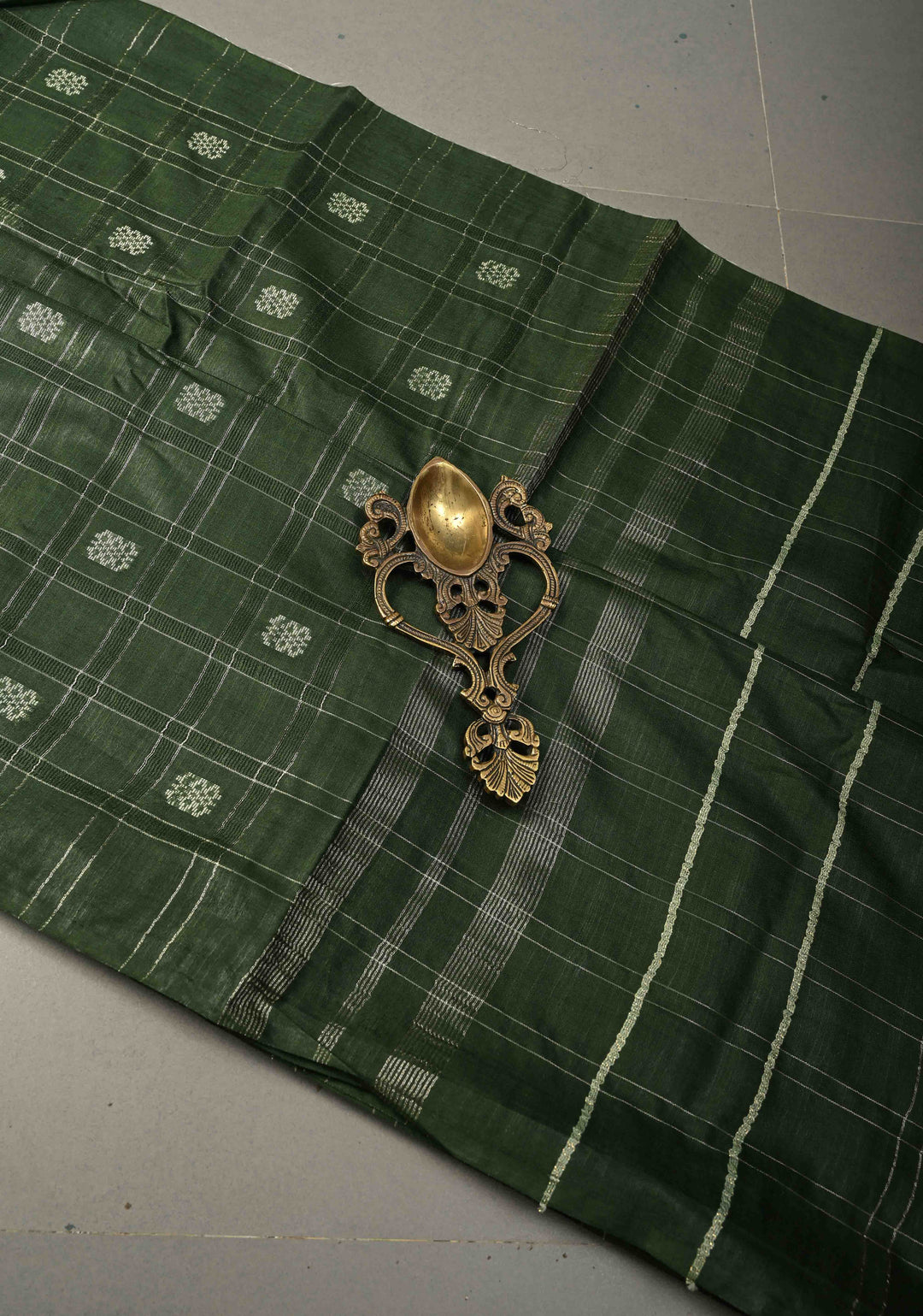 Forest Green Borderless Semi Tussar Saree with Zari Checks and Zari Buttas | SHOBITAM