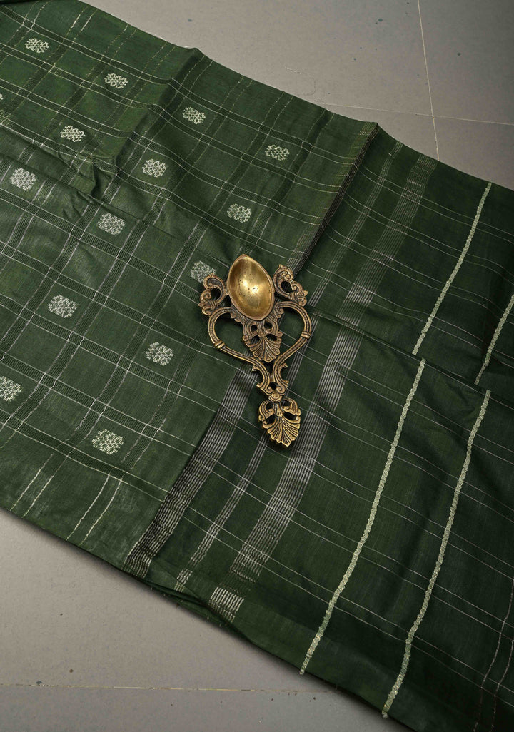 Forest Green Borderless Semi Tussar Saree with Zari Checks and Zari Buttas | SHOBITAM