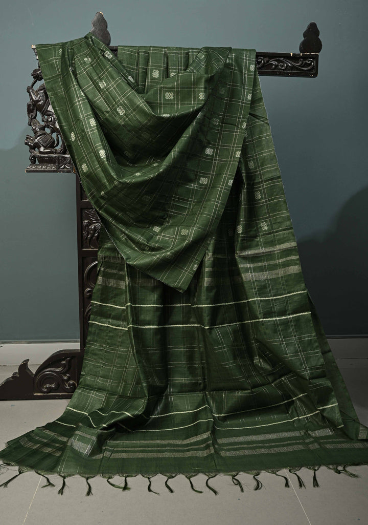 Forest Green Borderless Semi Tussar Saree with Zari Checks and Zari Buttas | SHOBITAM