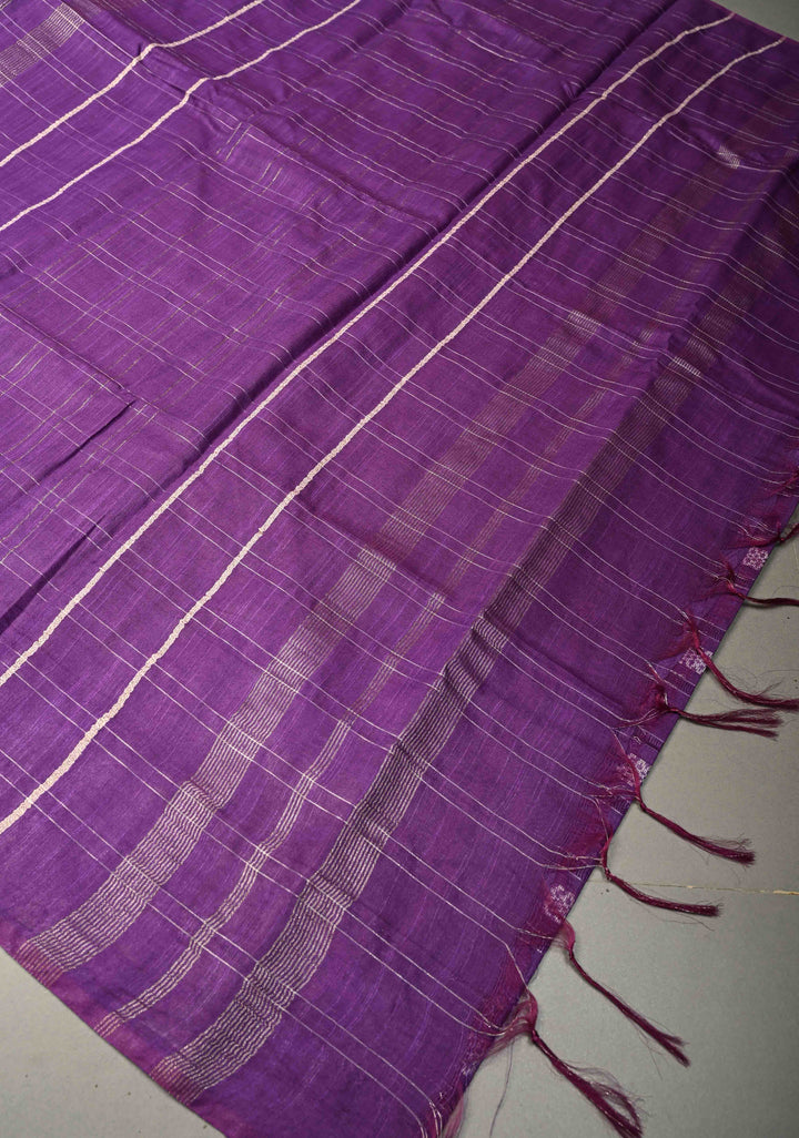 Grape Purple Borderless Semi Tussar Saree with Zari Buttas and Zari Checks