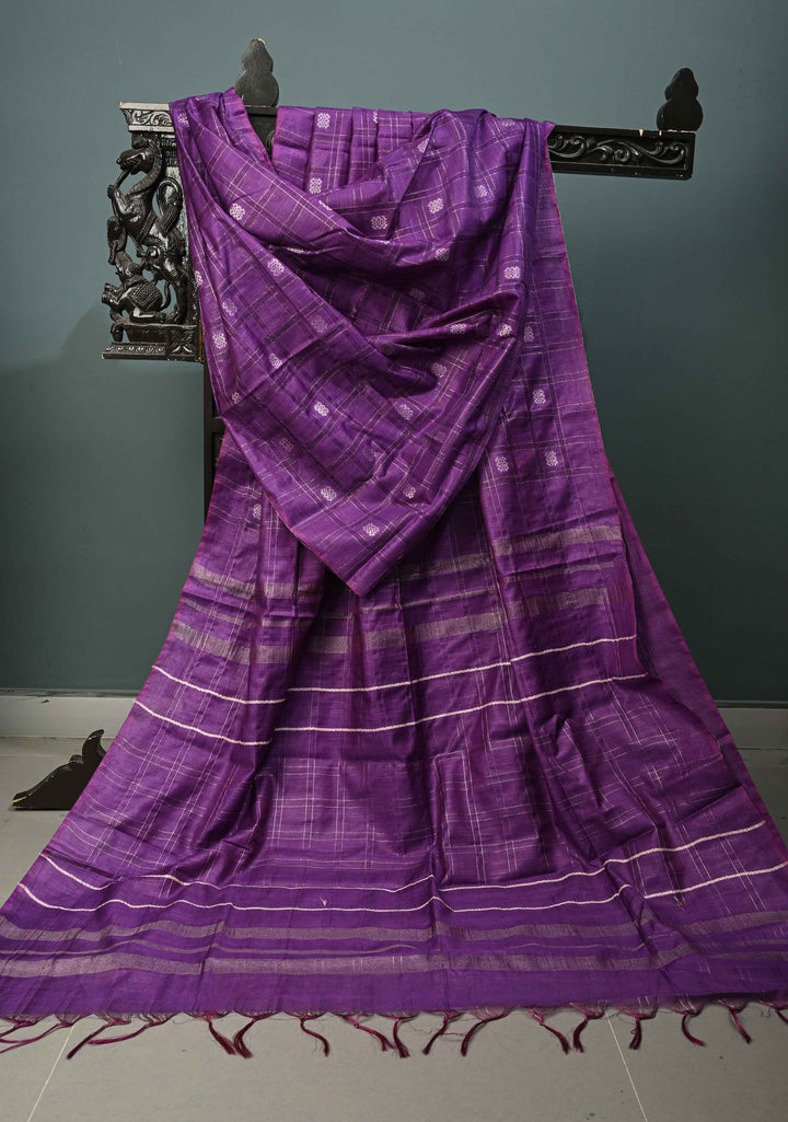 Grape Purple Borderless Semi Tussar Saree with Zari Buttas and Zari Checks