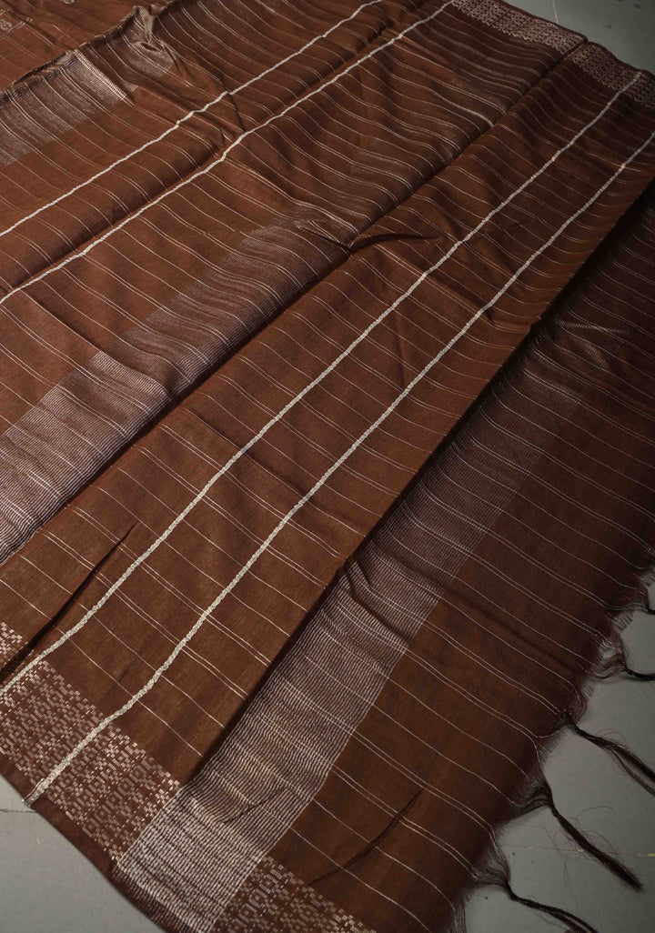 Coffee Brown Zari Checks on Semi Tussar Saree with Zari Buttas and Zari Border | SHOBITAM