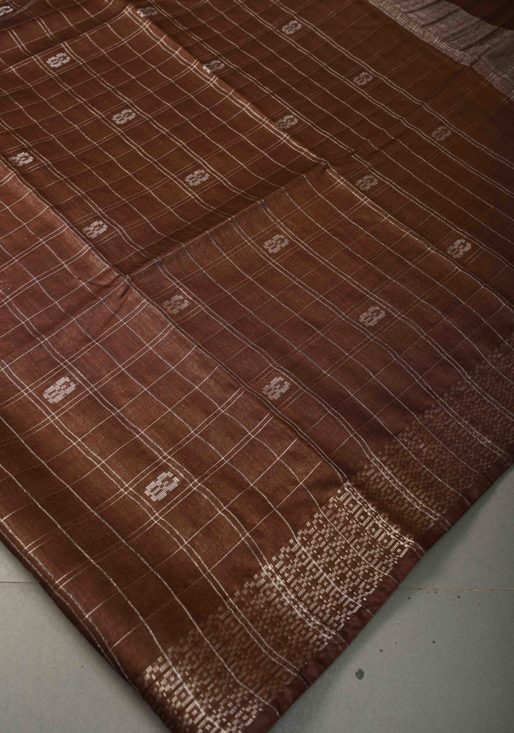 Coffee Brown Zari Checks on Semi Tussar Saree with Zari Buttas and Zari Border | SHOBITAM