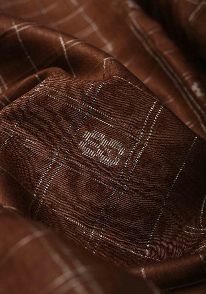 Coffee Brown Zari Checks on Semi Tussar Saree with Zari Buttas and Zari Border | SHOBITAM