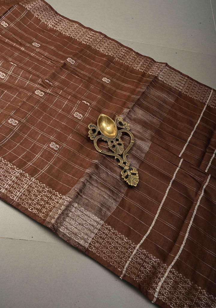 Coffee Brown Zari Checks on Semi Tussar Saree with Zari Buttas and Zari Border | SHOBITAM