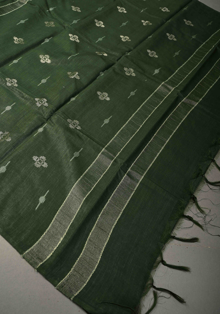 Forest Green Borderless Semi Tussar Saree with Thread and Zari Buttas | SHOBITAM