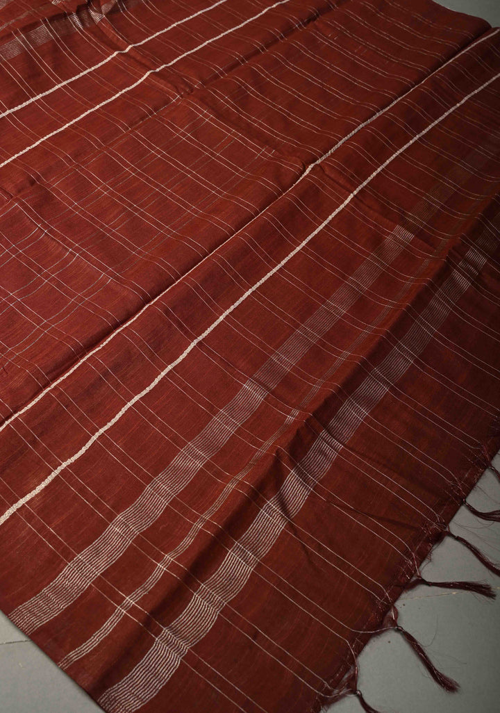 Coffee Brown Borderless Semi Tussar Saree with Zari Checks and Zari Buttas | SHOBITAM
