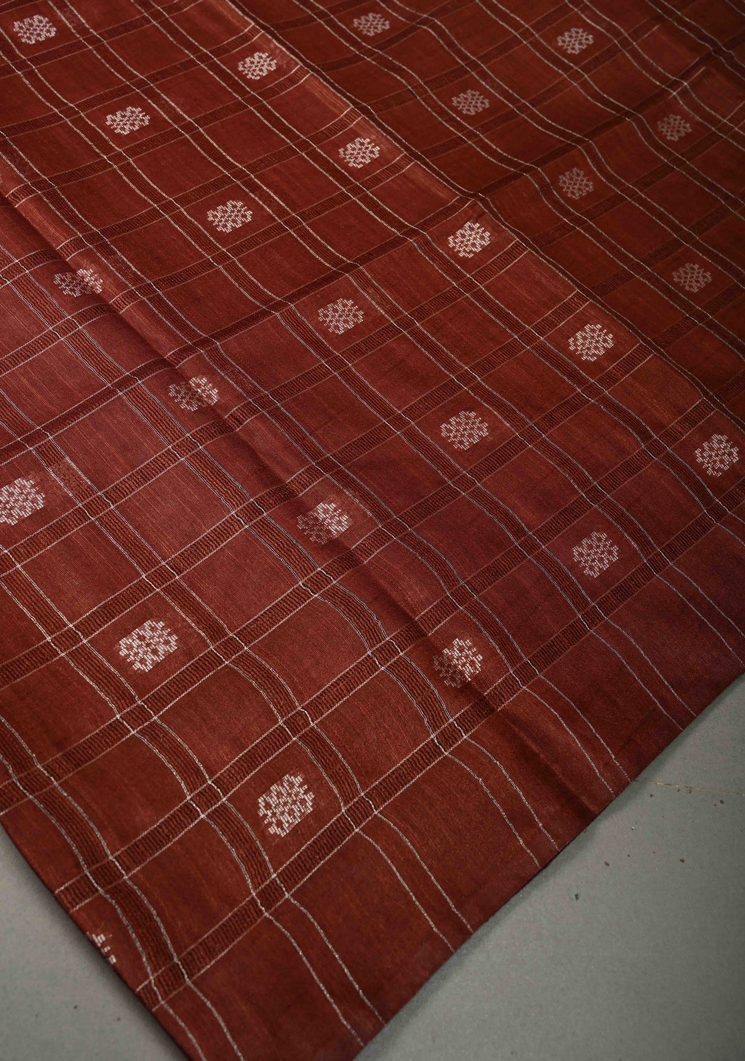 Coffee Brown Borderless Semi Tussar Saree with Zari Checks and Zari Buttas | SHOBITAM